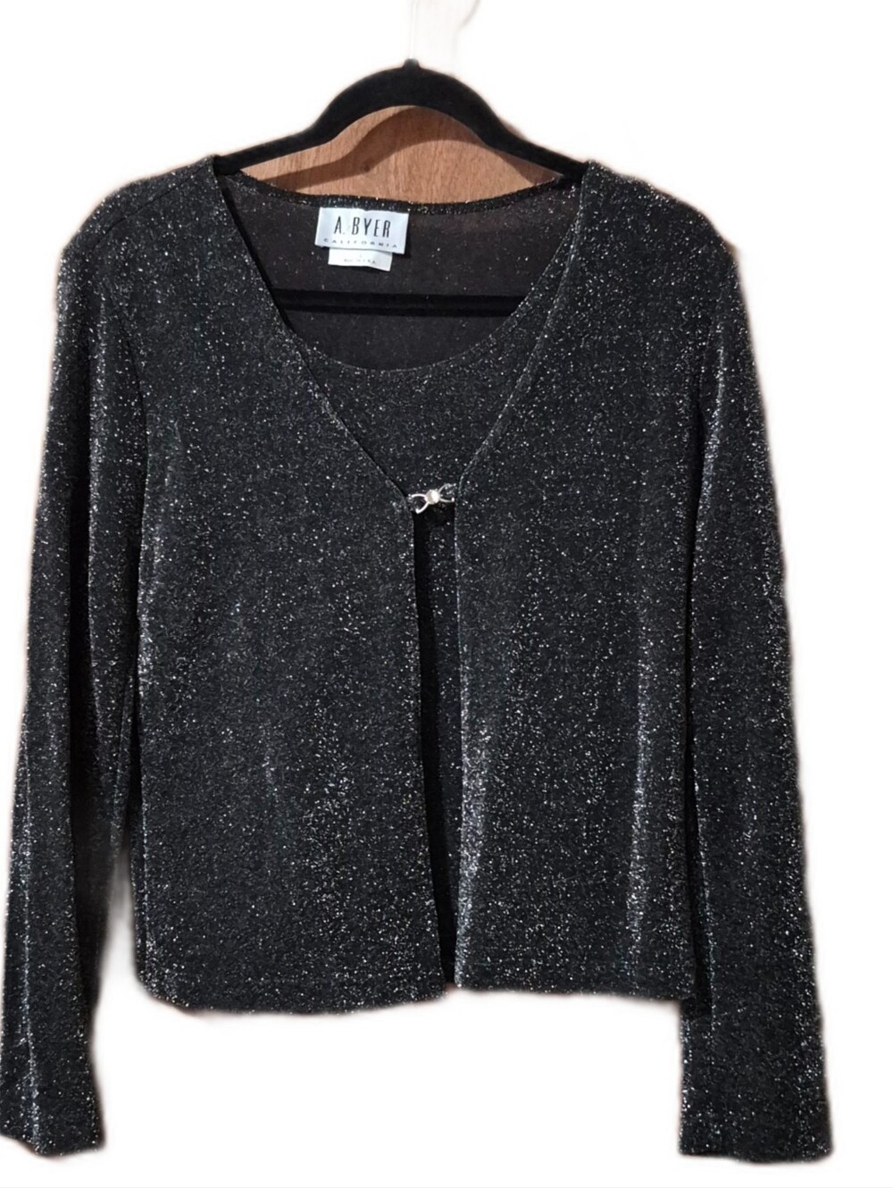 A. Byer Black Sparkle Hook Front Women's Cardigan Attached Tank Top Scoop Neck